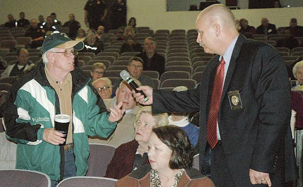 Fayetteville Police Department Lt. Mike Whitlow took questions from the audience as part of a Jan. 28 presentation dealing with active shooter scenarios. Photo/Ben Nelms.