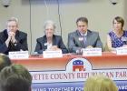 A forum of Fayette County Board of Education candidates was held April 25 in Fayetteville. Pictured, from left, are District 3 challenger Scott Hollowell and incumbent Chairman Marion Key and running for the District 5 (at-large) seat are Brian Anderson and Susan Stopford. Photo/Ben Nelms.