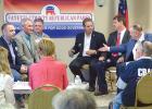 Candidates for the District 3 Congressional seat attending an April 26 forum in Fayetteville included, clockwise from left, Sam Anders, Sen. Mike Crane, Drew Ferguson, Chip Flanegan, Richard Mix and Rod Thomas. Photo/Ben Nelms.